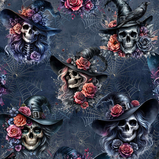 Gothic skulls wearing witch hats adorned with roses, cobwebs, and ravens on a dark, detailed background.