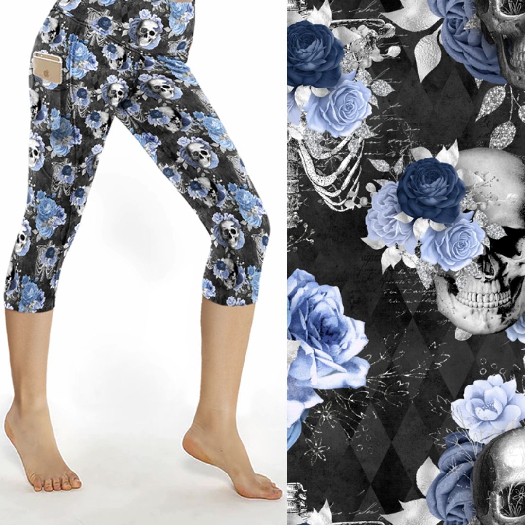 skulls and blue roses 3/4 leggings
