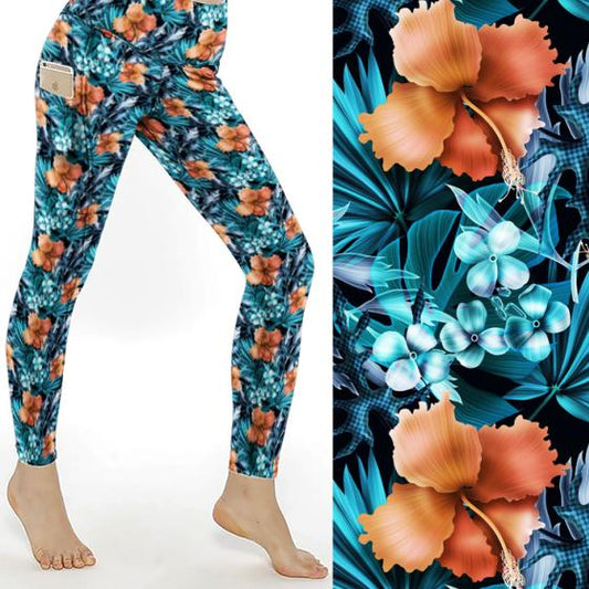 orange hibiscus leggings
