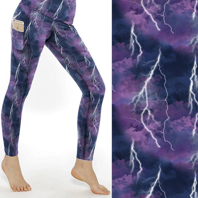 purple and navy stormy leggings with lightning bolts