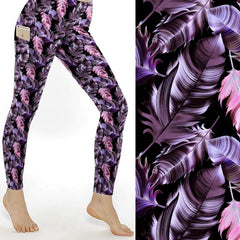 pink purple feather print leggings