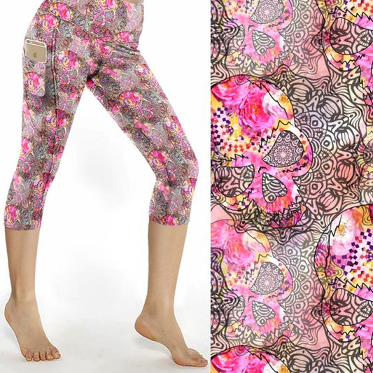 pink skull 3/4 leggings